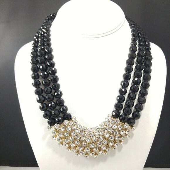 Vintage Rhinestones Black Glass Beaded Necklace, 3 Strands, Signed Talbots, NWTs - Picture 2 of 8